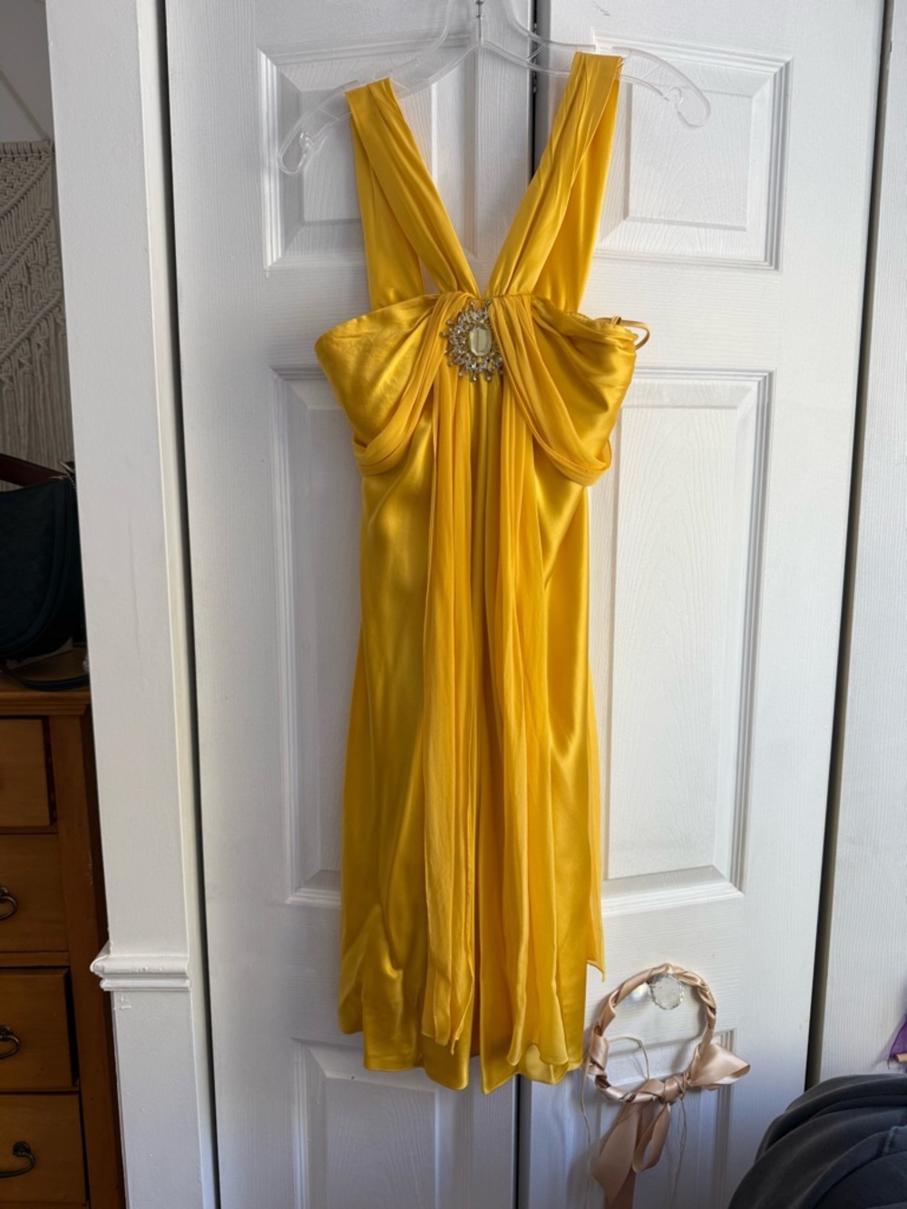 100% Silk Yellow Cocktail Dress with Brooch Accent